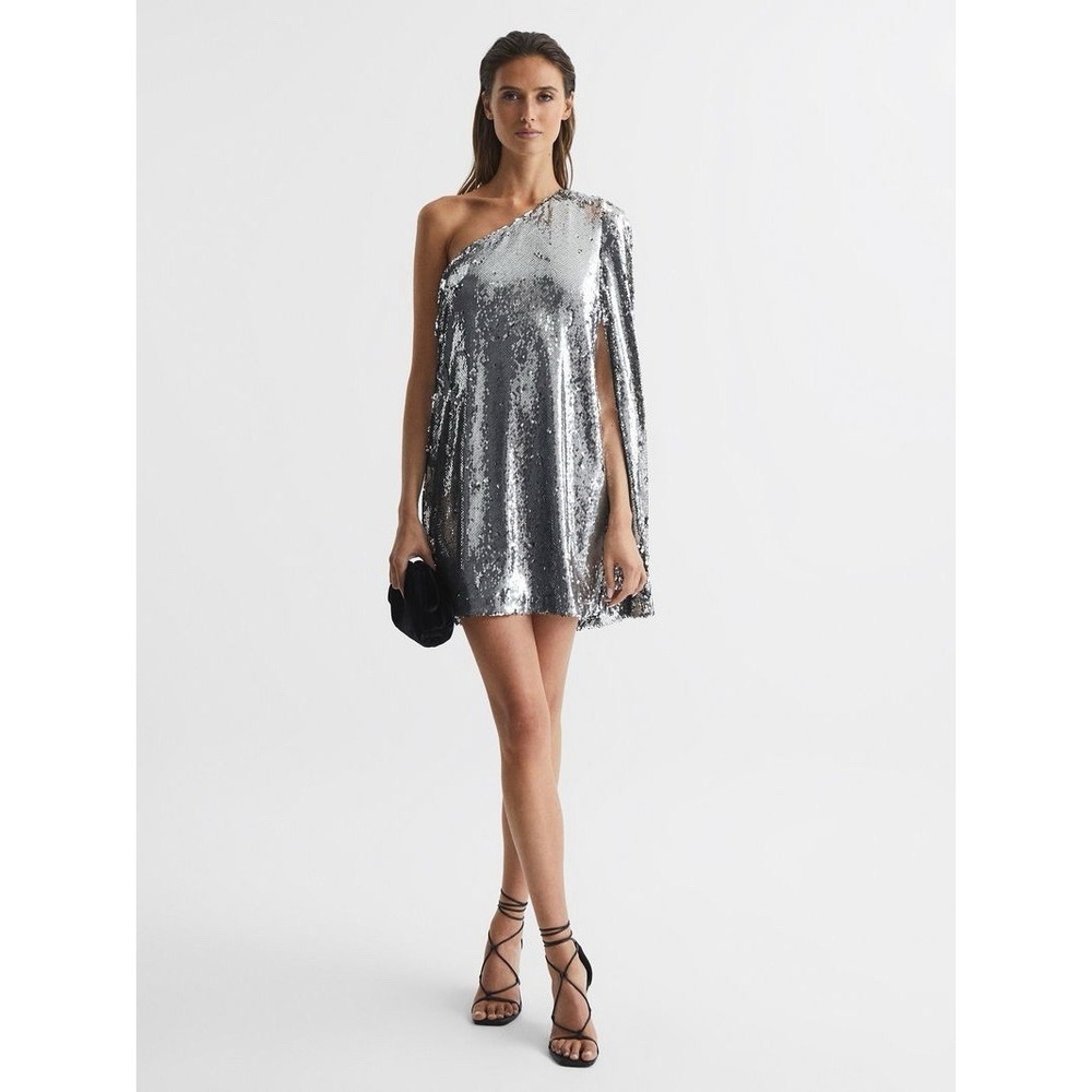 REISS‎ EVA SEQUIN CAPE ONE SHOULDER MINI DRESS NWT SILVER METALLIC SIZE US 10
